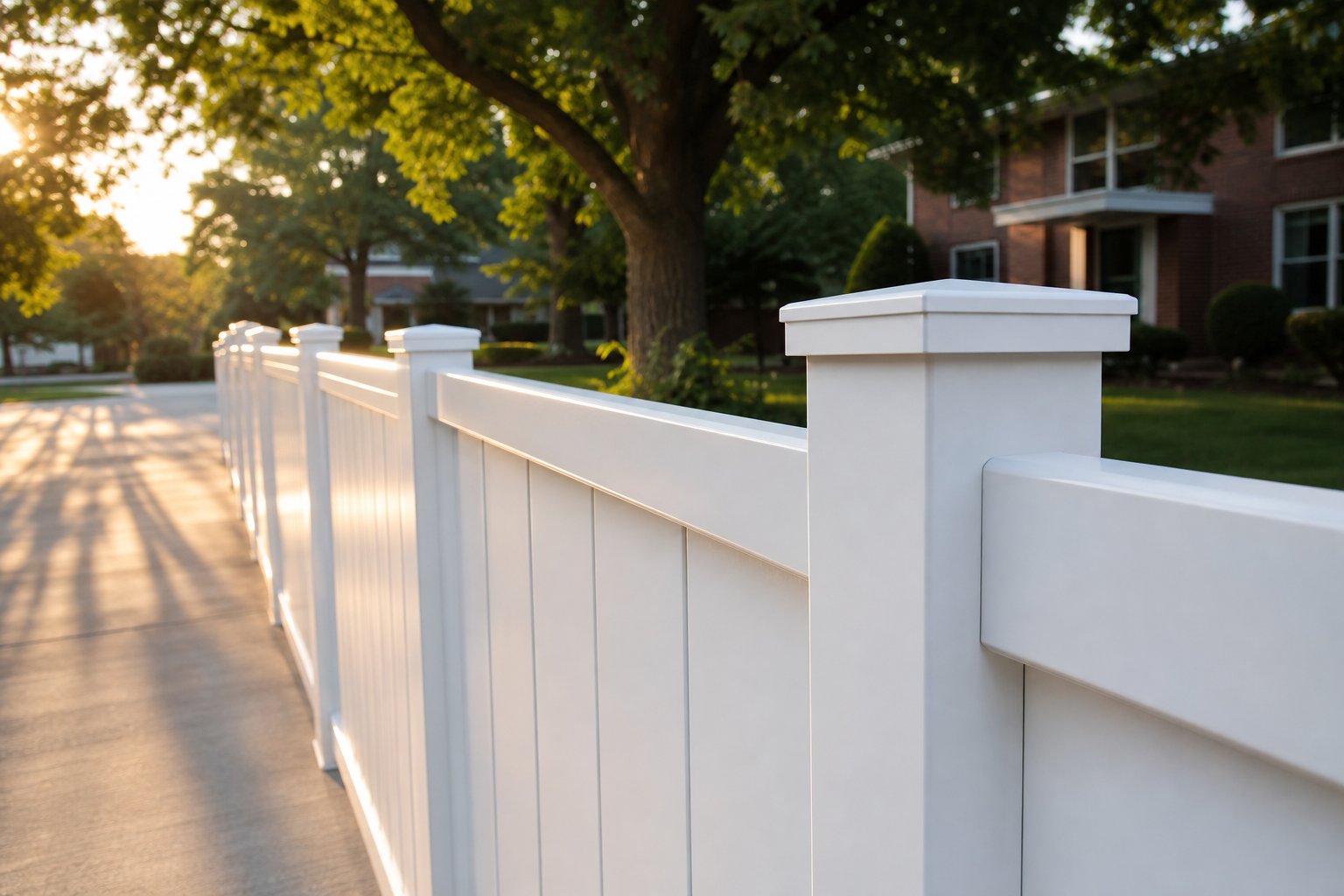 Vinyl fence panels installed around a backyard pool area