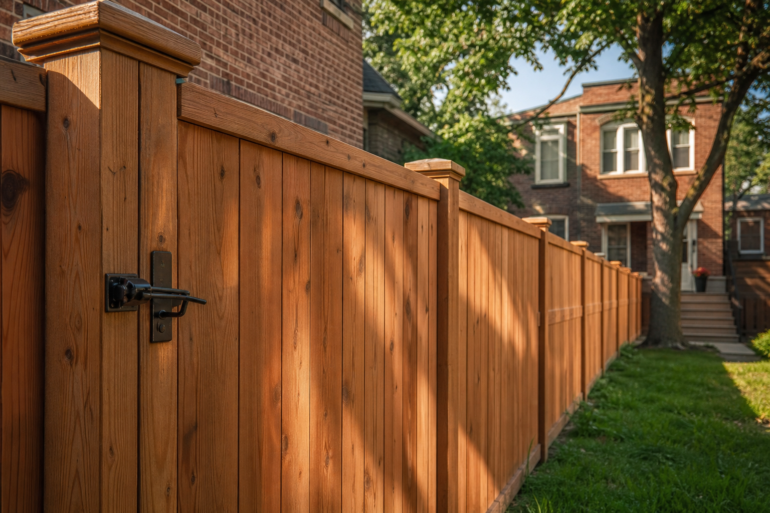 Wood privacy fence installed along a narrow residential side yard in Chicago