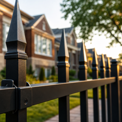 Black powder-coated aluminum fence with spear-top pickets installed along the front yard of a brick home in Cicero, IL