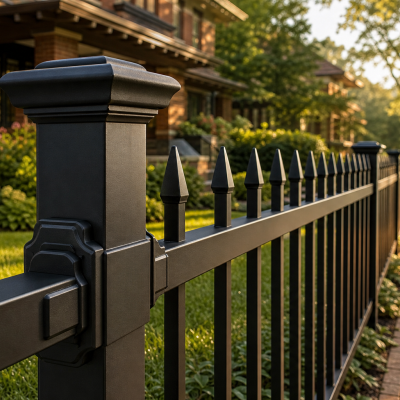Black powder-coated aluminum fence with spear-top pickets and decorative post caps installed along the front yard of an Oak Park, IL home