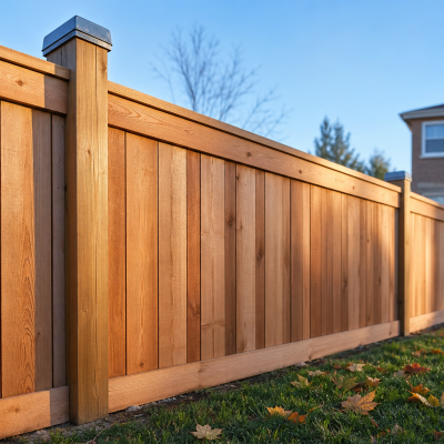 Tall cedar wood privacy fence with tight vertical boards, level top rails and clean post caps installed along a residential