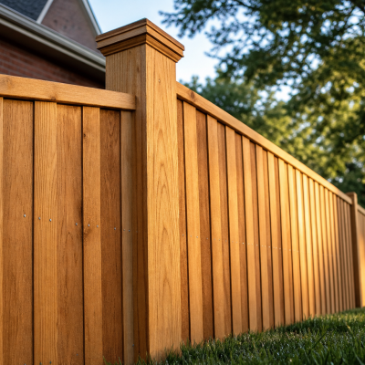 Cedar wood privacy fence with tight vertical boards and clean post caps enclosing a residential backyard in Crystal Lake, IL