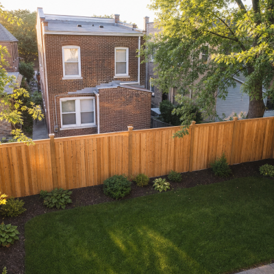 Wood privacy fence installation in Elgin IL with tightly spaced cedar boards and reinforced posts