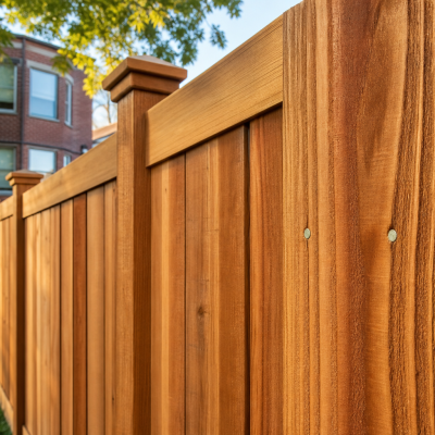 Freshly installed cedar wood privacy fence with tightly set vertical boards, evenly spaced posts and clean post caps in a