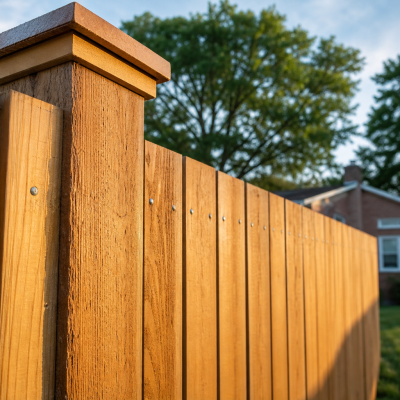 Tall cedar wood privacy fence with tight vertical boards, evenly spaced posts and clean post caps enclosing a Joliet IL