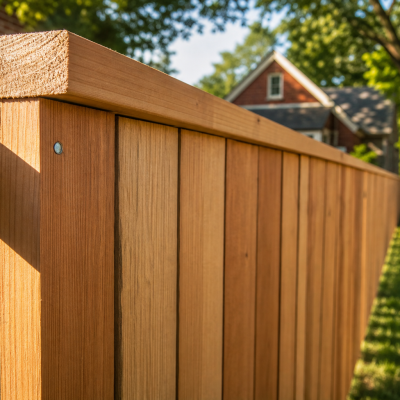 Six-foot cedar wood privacy fence in Lockport, IL with clean cut board tops, flush nails and evenly spaced posts along a residential backyard