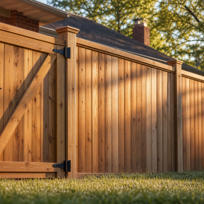 Six foot cedar wood privacy fence with a diagonal braced gate running along a Northlake, IL residential backyard at sunrise