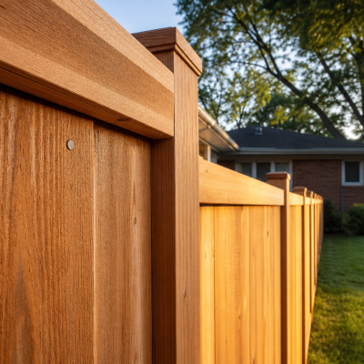 Six foot cedar wood privacy fence in a Skokie, IL backyard with tightly set vertical boards, evenly spaced posts, clean post