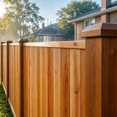 Cedar wood privacy fence in Waukegan, IL with tight vertical boards, evenly spaced posts, clean post caps and a straight,