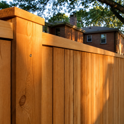 Cedar wood privacy fence with a level top rail, evenly spaced posts and clean post caps in a Westmont IL backyard